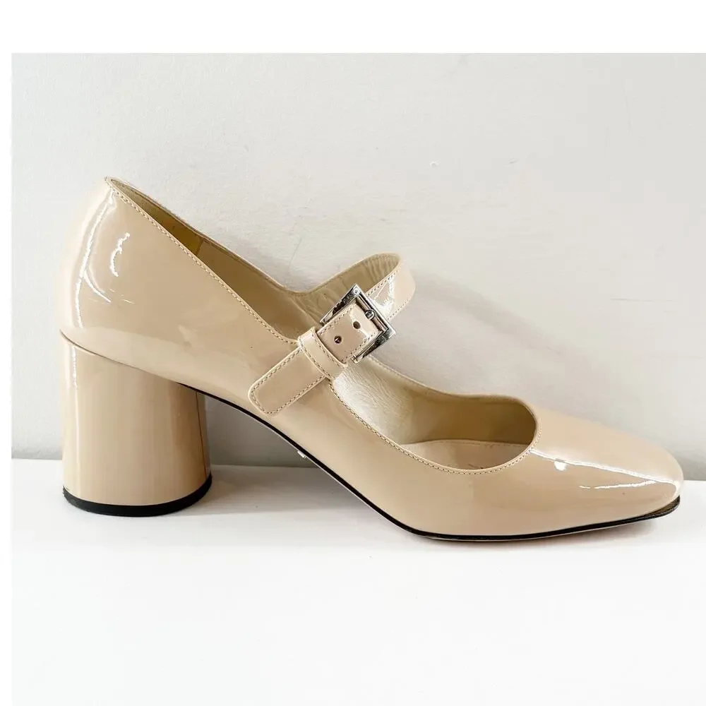 Prada Patent Leather Block Heel Square Toe Mary Jane Pumps Shoes Nude 38.5